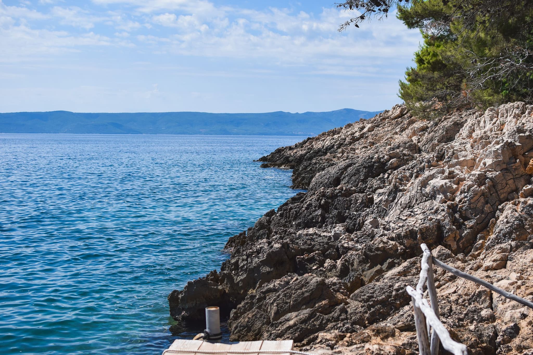Stjenovita obala s borom i ljestvama za kupanje, otok preko mirnog mora